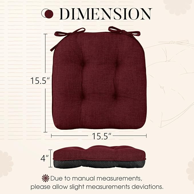 Basic Beyond Chair Cushions for Dining Chairs 4 Pack, Chair Cushion with Ties and Non Slip Backing, 15.5 x 15.5 inches Tufted Chair Pads for Dining Chairs(Dark Red)
