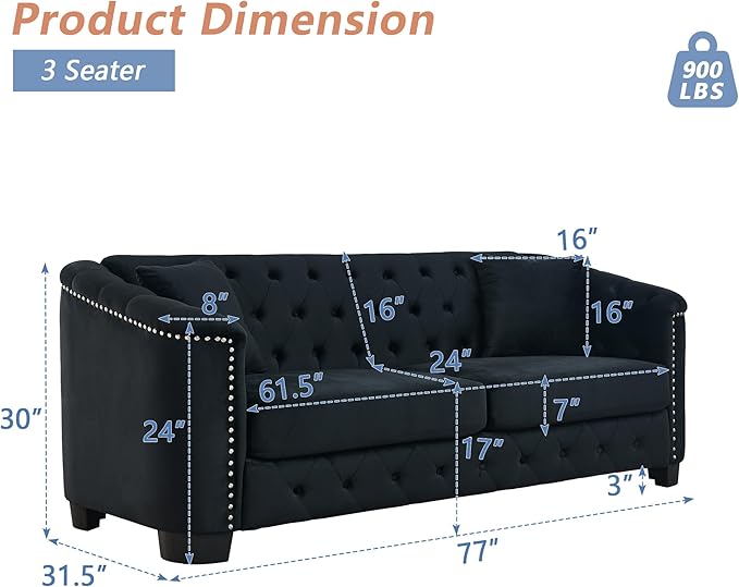 mikibama Modern Chesterfield Velvet Sofa, 77 Inch Sectional Sofa, Luxury 3 Seater Upholstered Tufted Couch with Nailhead Arms and 2 Pillows for Living Room, Bedroom, Apartment(Black)
