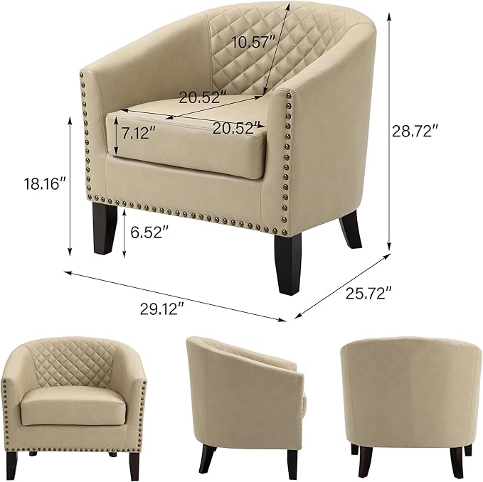 DREAMSIDEA Accent Barrel Chair, Upholstered Faux Leather Club Chair with Nailed Trim, Comfy Reading Armchair for Living Room Bedroom Reception Room Office (Beige, Set of 2)