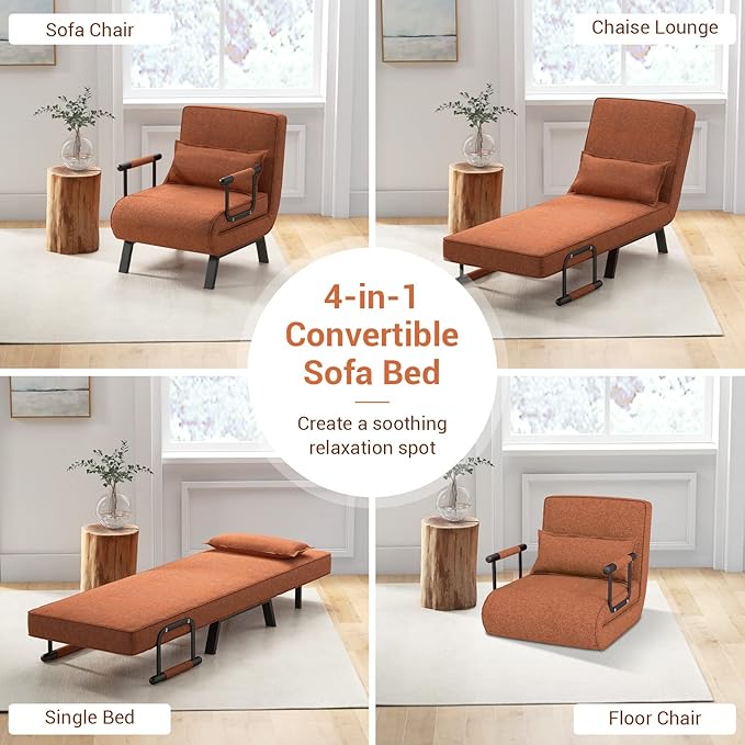 KOMFOTT Convertible Sleeper Chair Bed, 4-in-1 Folding Sofa Bed with 6-Position Adjustable Backrest, Upholstered Chaise Lounge with Removable Pillow, Leisure Recliner Lounge Couch for Home Office