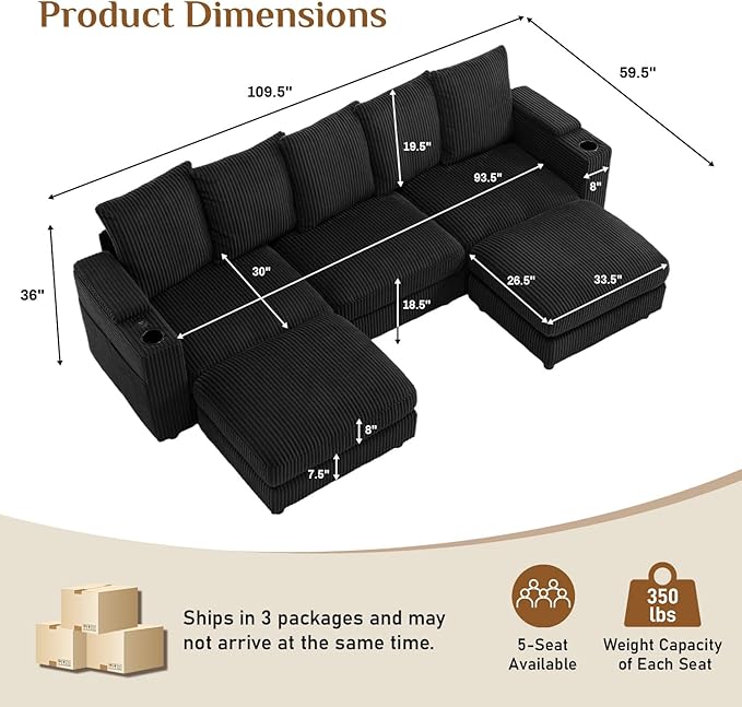 110" W x 60" D U Shape Sectional Sofa with USB Charging & Cup Holder & Storage, 5 Seater Plush Corduroy Couches with Movable Ottoman, Cloud Couch Sofas for Living Room, DIY Combination - Black