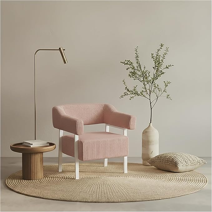Wismestr Corduroy Upholstered Accent Chair - Cozy Modern Decorative Armchair, Comfortable Cute Corner Side Chairs for Living Room, Bedroom, Reading Nook, Small Spaces (Pink, White Leg)