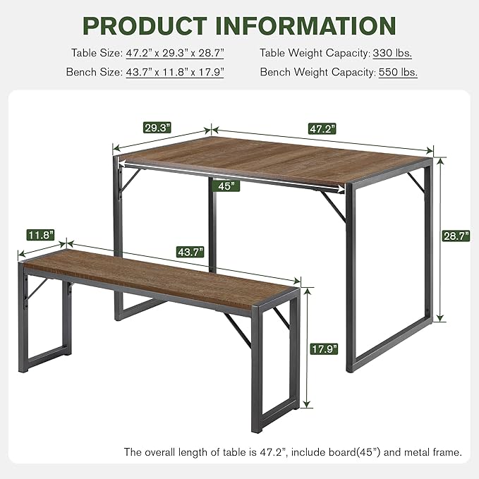 IMUsee 3PC 47.2" Dining Table Set for 4 with Benches, Heavy Duty Metal Frame, Small Space Saving Kitchen Dinette, Wood Board and Grey Legs