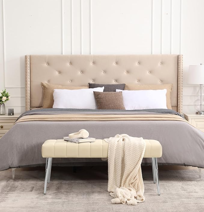 Apicizon 44.5”Entryway Bench, Soft Faux Leather Indoor Bench with Metal Legs, Modern Cushion Ottoman Bench for Bedroom, Living Room, Entrance, Dining Room, Beige