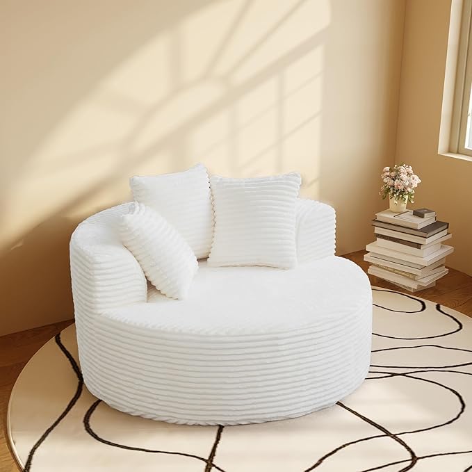 WJShome Oversized Round Chair Lounge Chaise Indoor,Upholstered Corduroy Sofa Bed with 3 Pillows,Comfy Sleeper Boneless Couch,Deep Seat Couches for Living Room, Beige