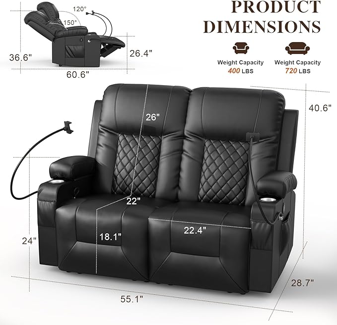 FURNIMAT Loveseat Recliner Sofa Set with 2+1 Pieces, 2 Seater Reclining Loveseat Couch with USB Ports, Cell Phone Holders, 2 Recliner Chairs with Vibration Massage and Heat, Living Room, Bedroom, RV