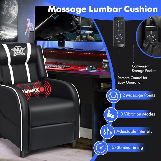 GYMAX Gaming Recliner, Massage Gaming Chair w/Adjustable Footrest, Remote Control & Side Pocket, Ergonomic Game Lounge Chair, Racing Style Single Theater Seat Game Sofa for Adults (White)