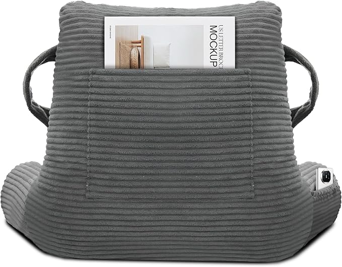 ABROLOY Reading Pillow for Sitting in Bed Adult, Bed Reading Pillow with Shredded Memory Foam, Back Pillow for Sitting with Arms and Pockets, Gery