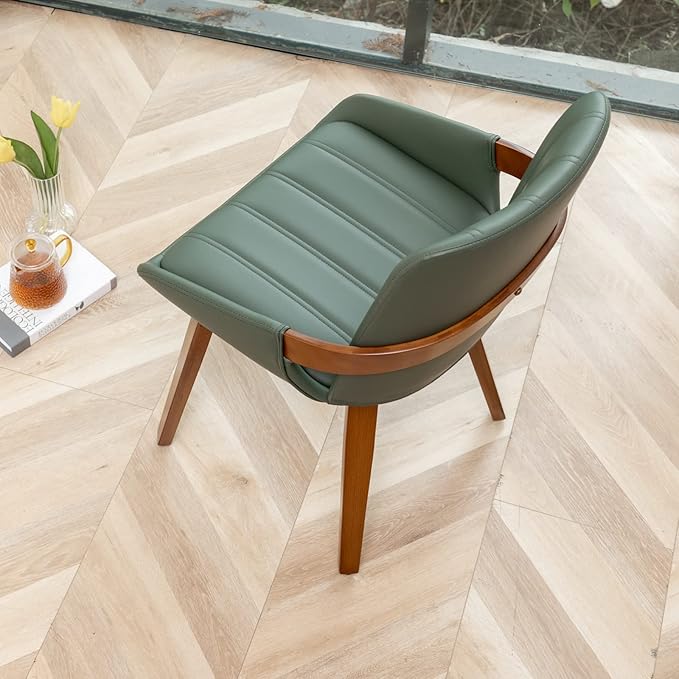 YOUUGIOR Mid Century Modern Faux Leather Upholstered Dining Chairs,Armless Accent Chairs with Sturdy Natural Wood Legs,Bamboo Backrest Support for Kitchen&Dining Room Chairs(Set of 4,Green)
