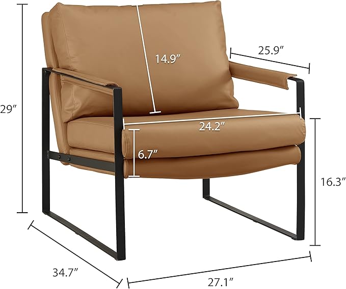 Volans Mid Century Modern Genuine Leather Accent Chair with Arms for Living Room, Metal Frame Armchair Reading Chair, Lounge Chair Single Sofa for Bedroom Office, Khaki