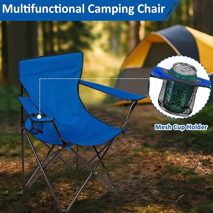 SAILARY Folding Camping Chair with Cup Holder, 225lbs Capacity, Portable Foldable Chair with Large Anti-Sink Feet, PE Coated Fabric for Outdoor, Beach, Fishing, Backpacking, Blue 2PCS
