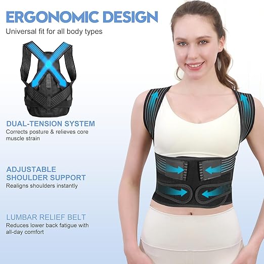 Posture Corrector for Women and Men with Bionic System, Upgraded Back Brace, Adjustable Full Back Support, Shoulder Straightener, Neck, Upper and Lower Back Pain Relief M-Black-6