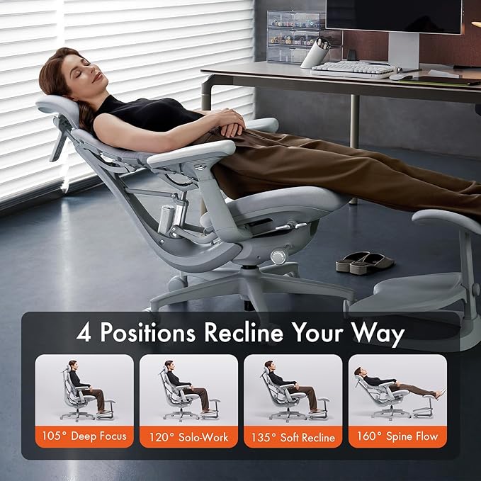 LiberNovo Dynamic Ergonomic Desk Chair + StepSync Footrest + Extra Battery Bundle - Comfy Home Office Chair with Adaptive Lumbar Support, 160° Recline & Built-in Spine Stretch, Gray+45cm