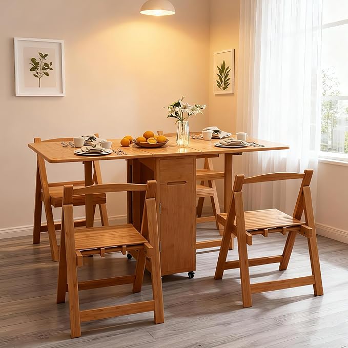 Bamboo Folding Dining Table Set for 4, Extendable Drop Leaf Foldable Table with Lockable Wheels & Storage for Small Spaces Kitchen Dining Room, Collapsible Dinette Expandable Rectangle (Wood)
