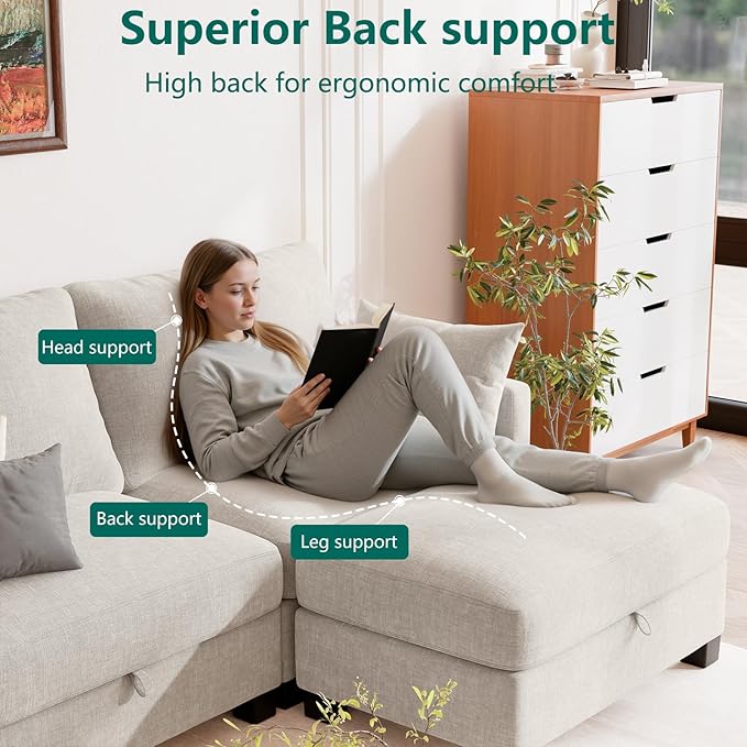 Modular Sectional L Shaped Sofa Couches for Living Room, Cloud Couch with Storage Ottoman, Comfy Chenille Sofa with Pillow, Beige