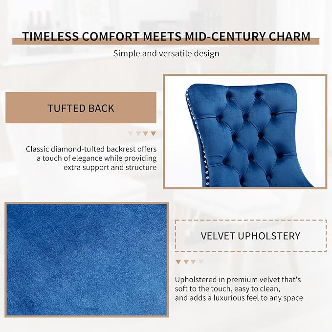 YeahFurn Mid Century Modern Dining Chairs Set of 4, Blue Velvet Upholstered Tufted Back, Kitchen & Dining Room Chairs, Brushed Silver Metal Legs, Nailhead Trim, Sillas para Comedor (Blue, 4 Pcs)