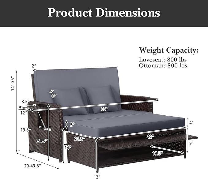RELAX4LIFE Wicker Patio Outdoor Daybed - Rattan Day Bed Lounger w/Loveseat & Storage Ottoman, Sunbed Sofa Set w/Cushions, 4-Level Adjustable Backrest & 2 Retractable Trays, Patio Daybed (Grey-Brown)