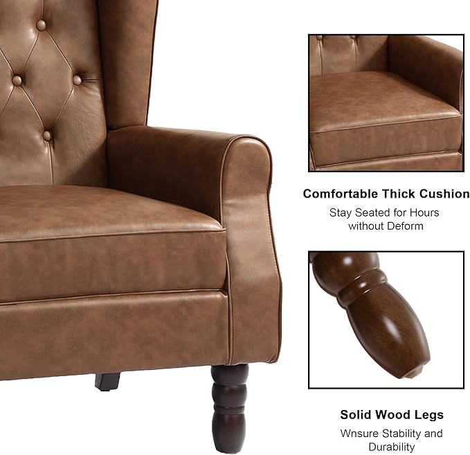 DREAMSIDEA Accent Chair, Upholstered Armchair with Button Tufted High Back & Solid Wood Legs, Comfy Wingback Reading Single Sofa Chair for Small Spaces, Living Room, Bedroom (Leather Brown, Set of 2)