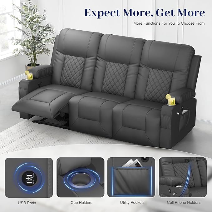 FURNIMAT Recliner Sofa, 3 Seats Dual Reclining Sofa, PU Leather Loveseat Couch, Modern Recliner Chair for Living Room, with Cup Holder and 2 Cell Phone Holder, USB Ports, Gray