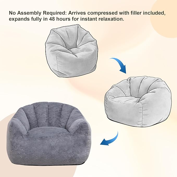 Bean Bag Chair, Bean Bag Couch for Adults and Kids, Comfy Shell-Shaped Chair with Filler Armrests Stuffed High-Density Foam Stuffed Sofa Lounge Floor Sofa for Bedroom,Gaming, Reading,Gray