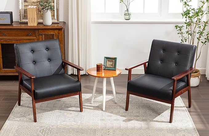 JIASTING Mid-Century Retro Modern Leather Accent Chair Set of 2 Wooden Arm Chair Upholstered Tufted Back Lounge Chairs for Office Living Room