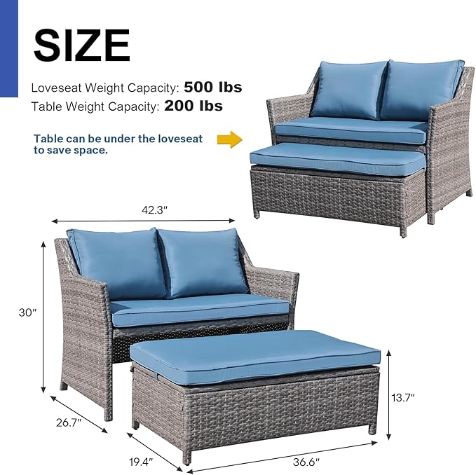 OC Orange-Casual 2-Piece Outdoor Patio Furniture Wicker Love-seat and Coffee Table Set, with Built-in Storage Bin, Grey Rattan, Navy Blue Cushions