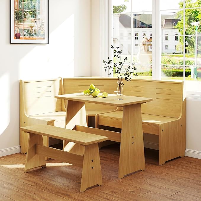 Breakfast Nook Corner Dining Table Kitchen Bench Chair Set, Space-Saving 3-5 People Seat Reversible L-Shape for Family Home Natural Wood