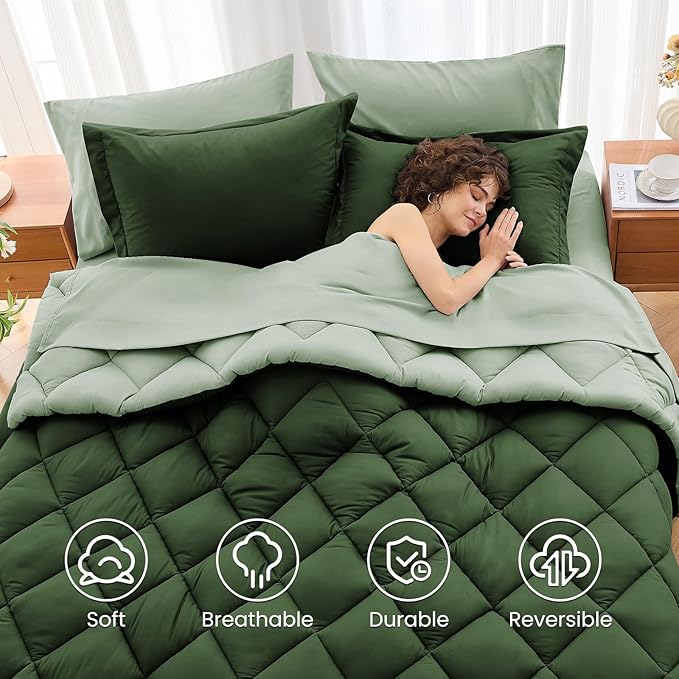 MUXHOMO 7 Pieces Full Comforter Set, Reversible Bed in a Bag Full Size, All Season Bedding Set with Comforter, Flat Sheet, Fitted Sheet, Pillowcases & Shams, Dark Green & Light Green