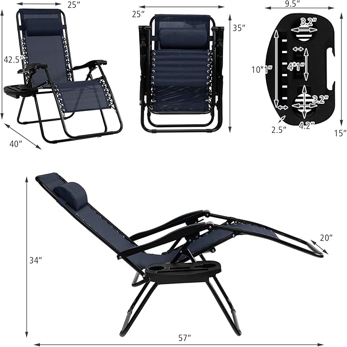 Tangkula Set of 2 Zero Gravity Chair, Folding Patio Lounge Chair Adjustable Outdoor Recliner with Cup Holder, Wide Armrest for Patio Garden Poolside Outdoor Yard Beach, Support 350 lbs (2, Navy Blue)