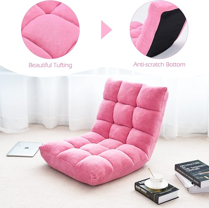 COSTWAY Floor Chair, Video Gaming Chairs with Back Support, Adjustable 14-Position, Alloy Steel Frame, Soft Coral Fleece, Lazy Sofa Lounge for Reading Living Room Recliner for Adults Kids, Pink