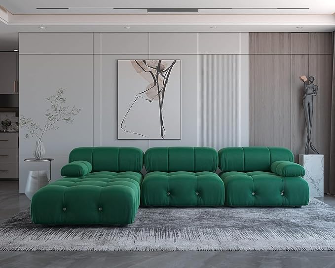 JACH 104" Modular Sofa Sectional Couch, L-Shaped Minimalist Velvet Couches, Mid-Century Comfy Couch with Reversible Chaise Ottoman for Living Room, Apartment (Green)
