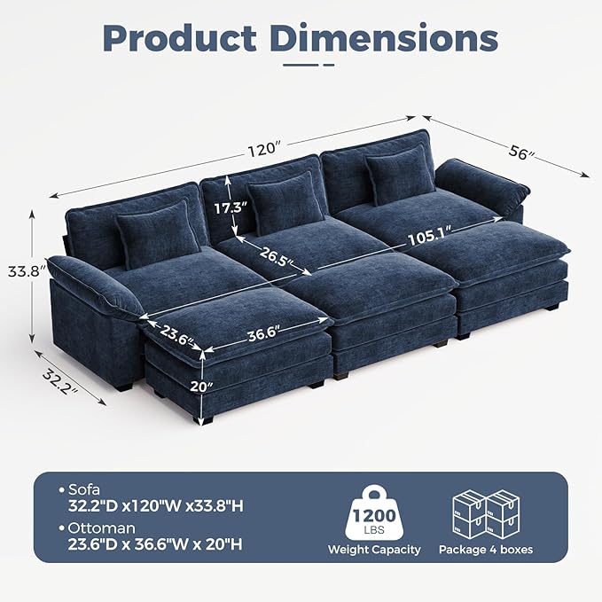 CDCASA 120" Oversized Modular Sectional Sofa Bed, Comfy Cloud Couch w/ 3 Movable Ottoman, 6-Seater Chenille Deep Seat Sofa Bed Modern Sofa Couch for Living Room, DIY Combination, Blue