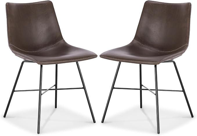 POLY & BARK Paxton Leather Dining Chairs – Set of 2 Modern Dining Room Chairs with Low Back – Faux Leather Upholstery and Matte Black Steel Base – Comfortable Seating for Stylish Interiors – Brown