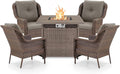 ACTREST Outdoor Patio Chairs with Fire Pit Table 5 Piece Set - High Back Brown Wicker Rattan Lawn Chair with Thick Cushion for Porch Apartment Deck Yard Poolside Garden - Grey