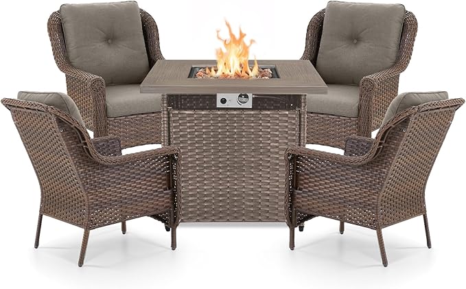 ACTREST Outdoor Patio Chairs with Fire Pit Table 5 Piece Set - High Back Brown Wicker Rattan Lawn Chair with Thick Cushion for Porch Apartment Deck Yard Poolside Garden - Grey