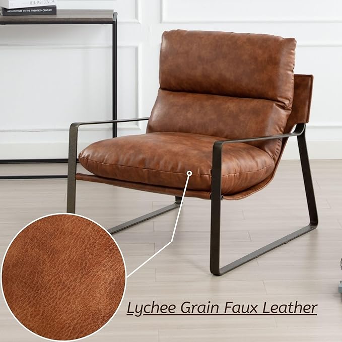 LukeAlon Modern PU Leather Accent Armchair, Upholstered Lounge Chair with Brass Metal Frame Thickened Cushion Comfy Leisure Chair with Lychee Grain for Bedroom Living Room, Brown