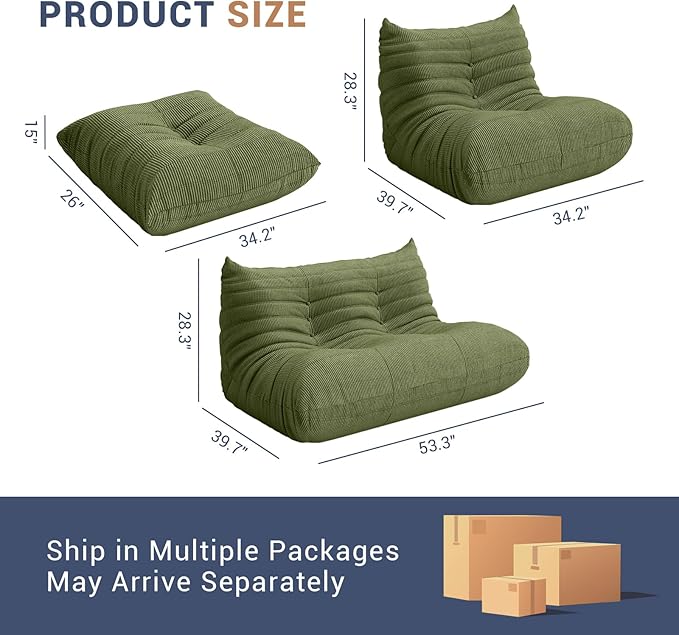 Bean Bag Chair for Adults, Fireside Chair Lazy Floor Sofa, Modern Corduroy Fabric Caterpillar Sofa Couch, Armless Foam Lounger Tatami Recliner Bean Bag Couch for Living Room Bedroom Dorm Office