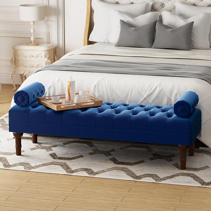 60.2" End of Bed Bench,Large Size Velvet Bench for Bedroom,Upholstered Window Bench with Button-Tufted,Entryway Bench,Storage Bench for Living Room(Blue)
