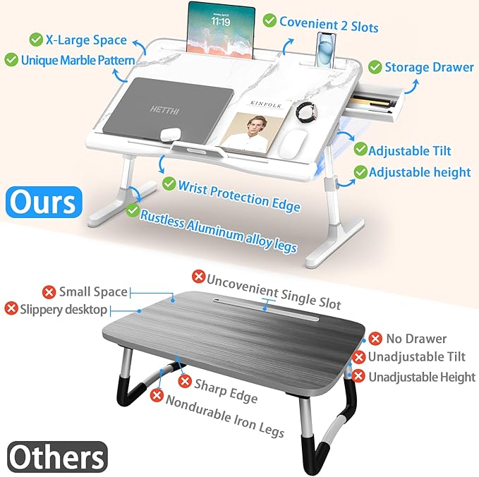 Laptop Bed Desk, Adjustable Laptop Lap Desk with Drawer, X-Large Foldable Bed Table Tray for Bed Couch Floor Desk Writing Working Reading Eating Painting (Marble, 23.6"×15.7")