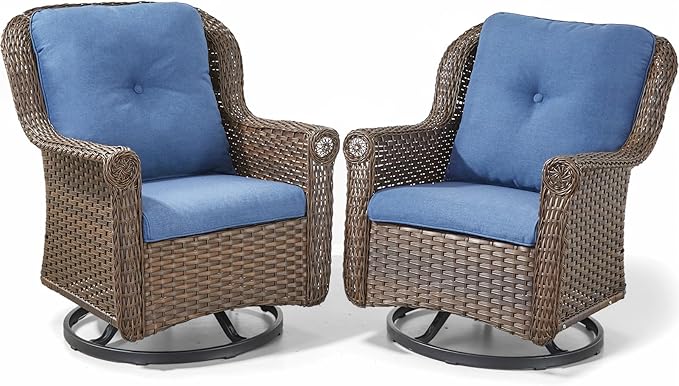 ACTREST Patio Chairs Outdoor Swivel Glider - Set of 2 High Back Outside Brown Wicker Rattan Rocking Chair with Thick Cushion for Porch Apartment Deck Yard Poolside Garden - Navy Blue