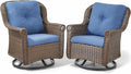 ACTREST Patio Chairs Outdoor Swivel Glider - Set of 2 High Back Outside Brown Wicker Rattan Rocking Chair with Thick Cushion for Porch Apartment Deck Yard Poolside Garden - Navy Blue