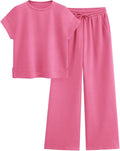 PRETTYGARDEN 2 Piece Outfits For Women Casual Tracksuit Short Sleeve Tops And Wide Leg Long Pants Matching Lounge Sets