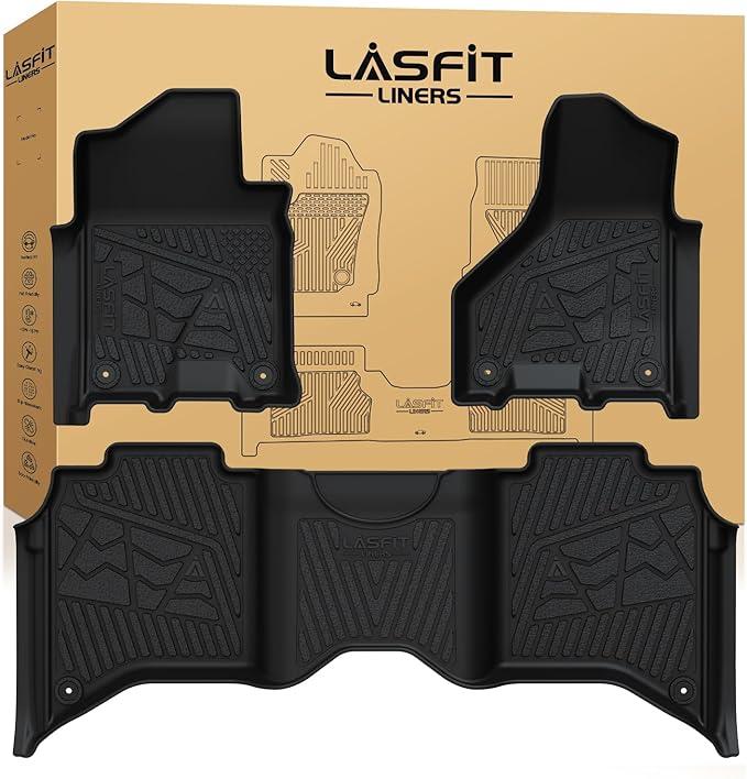 LASFIT Floor Mats for 2019-2024 2025 Ram 2500/3500 Crew Cab Bucket Seat for Carpet & Vinyl Floor (NOT fit Model with PTO Kit), All Weather TPE Custom Fit Car Mats Floor Liners 1st & 2nd Row, Black