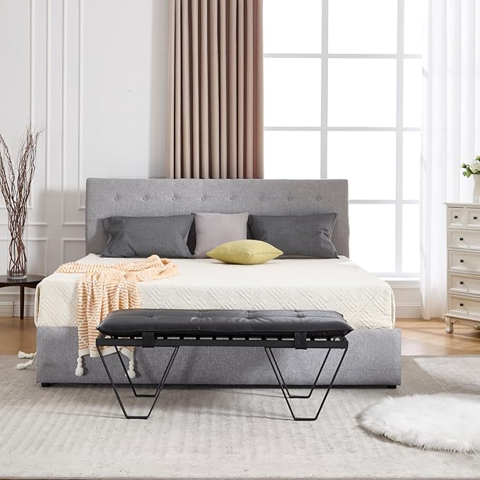 RIVOVA Modern Removable Tufted Upholstered Entryway Bench, 48-Inch Contemporary Indoor Ottoman Bench with Slatted Metal Frame, Black Leather Bench for Bedroom End of Bed, Dining, Hallway, Living Room