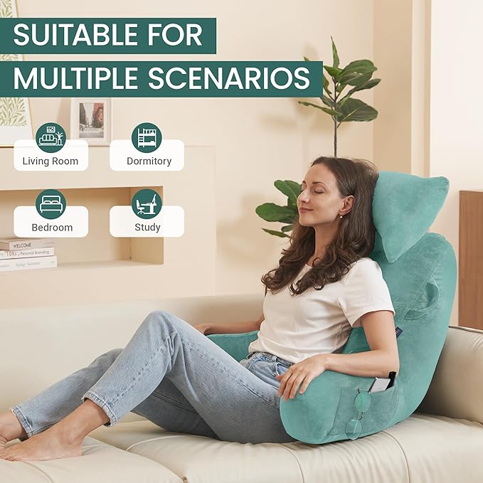 Unisakey Portable Reading Pillows with Headrest for Bed Sitting Up(Lake Blue Oeko-Tex), Velvet Back Pillow with Arms & Pockets for Adults, Support Memory Foam Bed Pillow for Dorm/Watching/Gaming