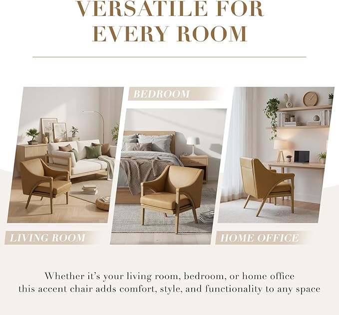CIMOTA Mid Century Modern Accent Chair with Barrel Back, Upholstered Armchair Comfy Reading Chair with 4" Thick Cushion, Solid Wood Legs for Living Room/Bedroom/Reading Corner, PU Fabric, Brown