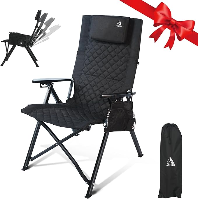 Aluminum Reclining Camping Chair, Heavy Duty Folding Lawn Chairs with 4-Stage Adjustable High Back for Adults, Compact Foldable Outdoor Patio Reclining Chair (Black, 1 Pack)