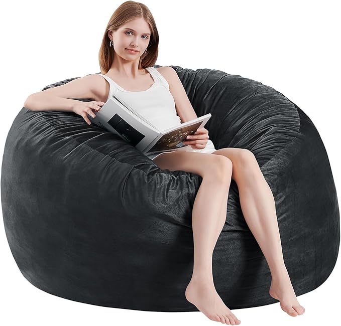 Bean Bag Chairs for Adults - Memory Foam Furniture BeanBag Chair - Kids/Teens Sofa with Soft Micro Fiber Cover - Round Fluffy Couch for Living Room Bedroom College Dorm - Carbon Black