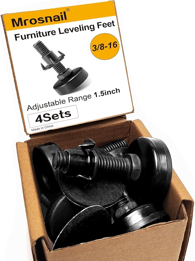 Mrosnail 4Pcs Adjustable Furniture Leveling Feet with T-Nuts, 3/8"-16 UNC Thread Screw-in Furniture Levelers for Tables, Sofas, Shelves, Cabinets