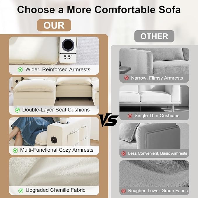 KCGKCG 152" Modular Sectional Sofa, L Shaped Cloud Couch with Movable Ottoman, Chenille Deep Seat Cloud Sofa with Charging Station, Cup Holder, Side Pocket, Sectional Couches for Living Room, Beige